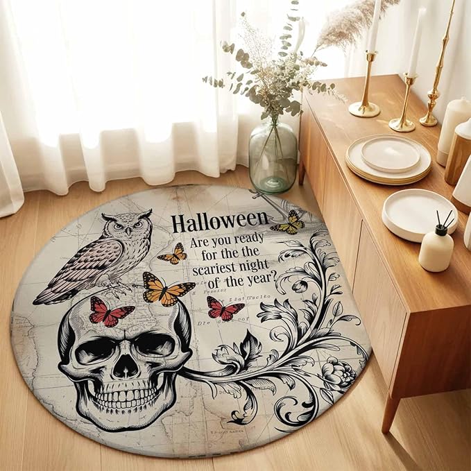 Washable Round Area Rug Halloween Skull Owls on Vintage Circle Rugs Floor Carpet for Living Room Bedroom, Retro Butterflies Flower Soft Non Slip Round Rug 3ft