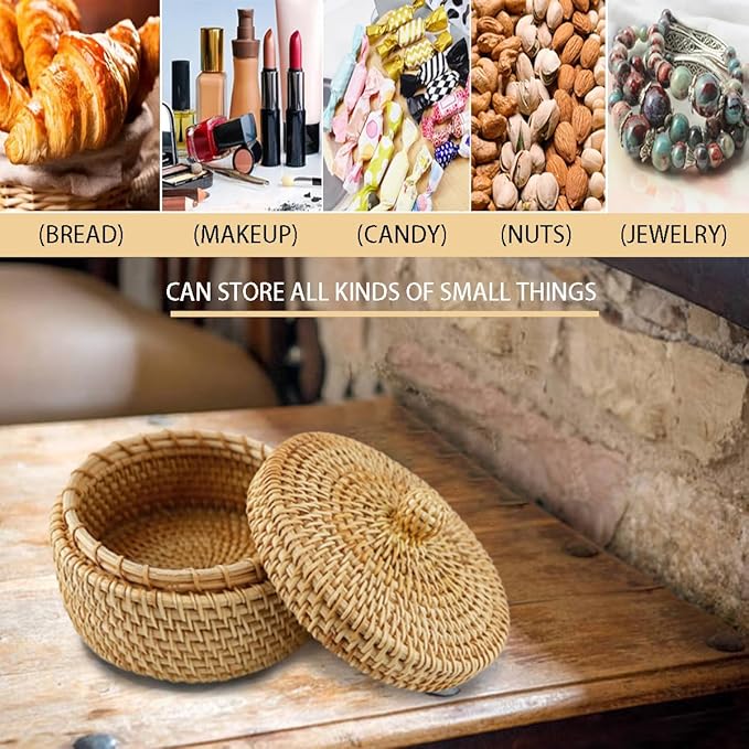 DOERDO Round Rattan Storage Basket with Lid, Hand Woven Rattan Storage Box for Jewelry Fruit Snacks Basket, 5.5x3.9 Inch
