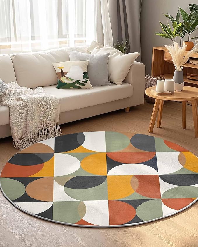 Round Area Rug,Mid Century Color Block Abstract Geometric Circle Living Room Rug Non-Slip Rugs Indoor Carpet,Colorful Nordic Style Soft Comfort Rugs for Bedroom KidsRoom Nursery