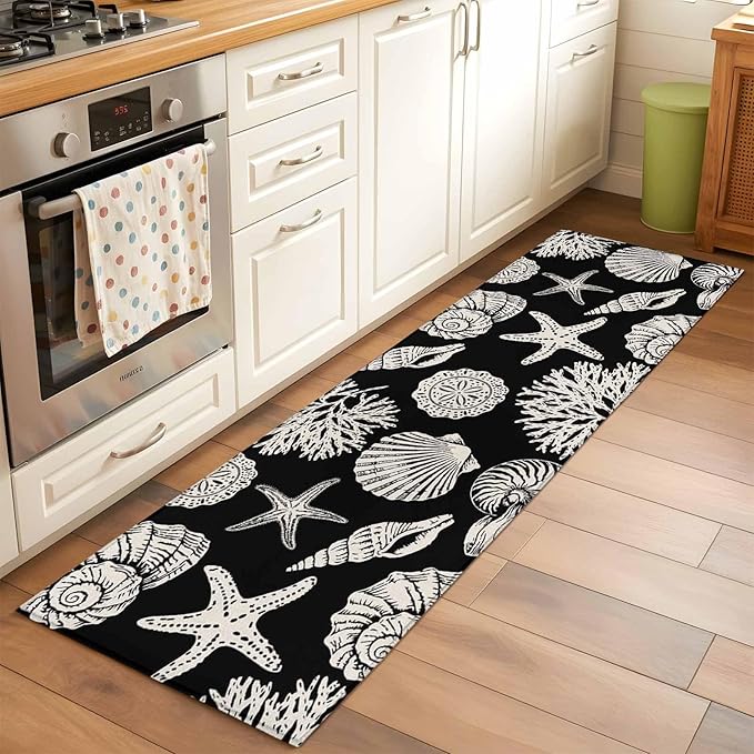 Runner Rug for Bedroom Hallway, Marine Starfish Shell Conch Kitchen Runner Rugs Area Rug 2x6ft, Ocean Life on Black Washable Soft Floor Carpet for Entryway Stair