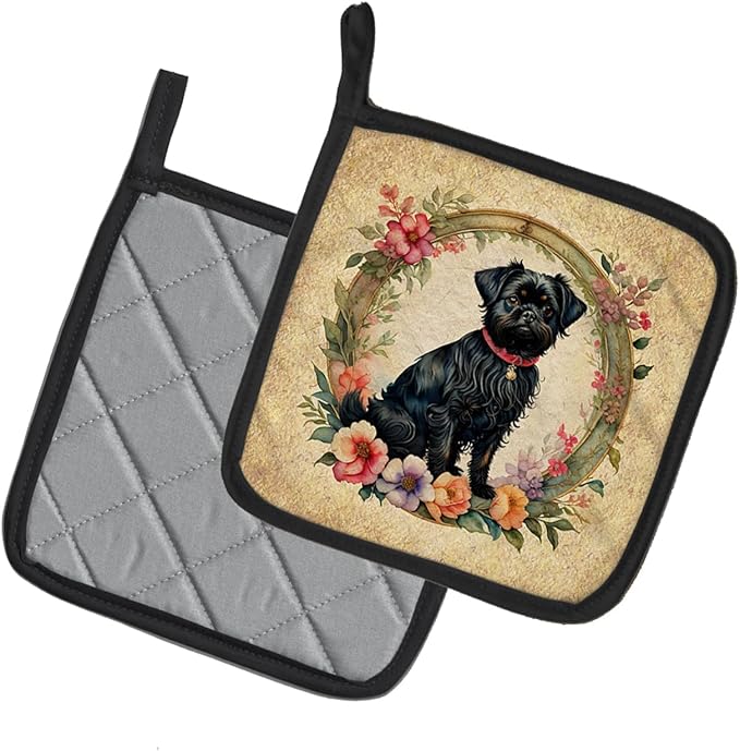 Caroline's Treasures Affenpinscher and Flowers Pair of Pot Holders Kitchen Heat Resistant Pot Holders Sets Oven Hot Pads for Cooking Baking BBQ, 7 1/2 x 7 1/2