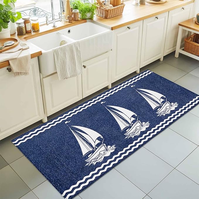 Runner Rug for Bedroom Hallway, Nautical Sailing Boat on Steel Blue Kitchen Runner Rugs Area Rug 2x6ft, Vintage Water Waves Washable Soft Floor Carpet for Entryway Stair