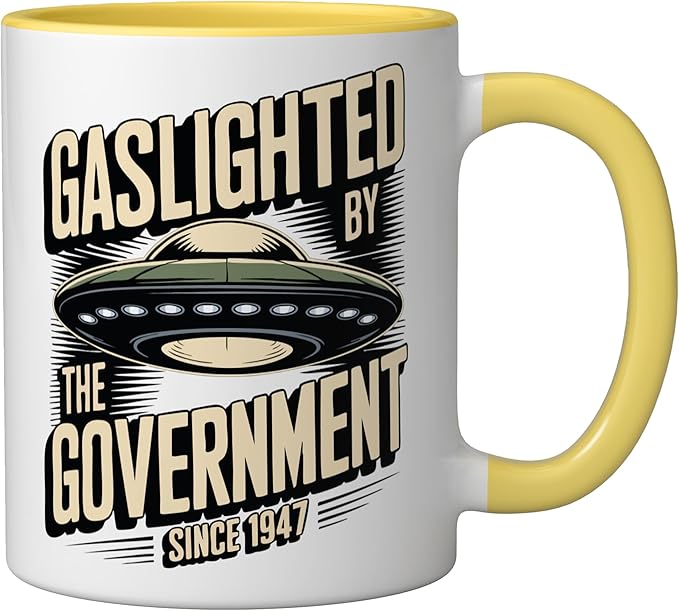 Alien UFO Gaslighted by the Government 1947 Ceramic Mug, Yellow/White