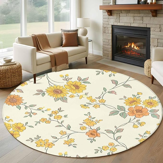 Washable Round Area Rug Orange Yellow Flowers Wild Vines Circle Rugs Floor Carpet for Living Room Bedroom, Watercolor Floral Soft Non Slip Round Rug 5ft