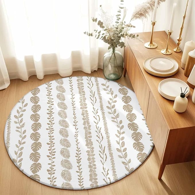 Washable Round Area Rug Farmhouse Monstera Leaf Seamless Circle Rugs Floor Carpet for Living Room Bedroom, Summer Rustic Abstract Leaves Soft Non Slip Round Rug 5ft