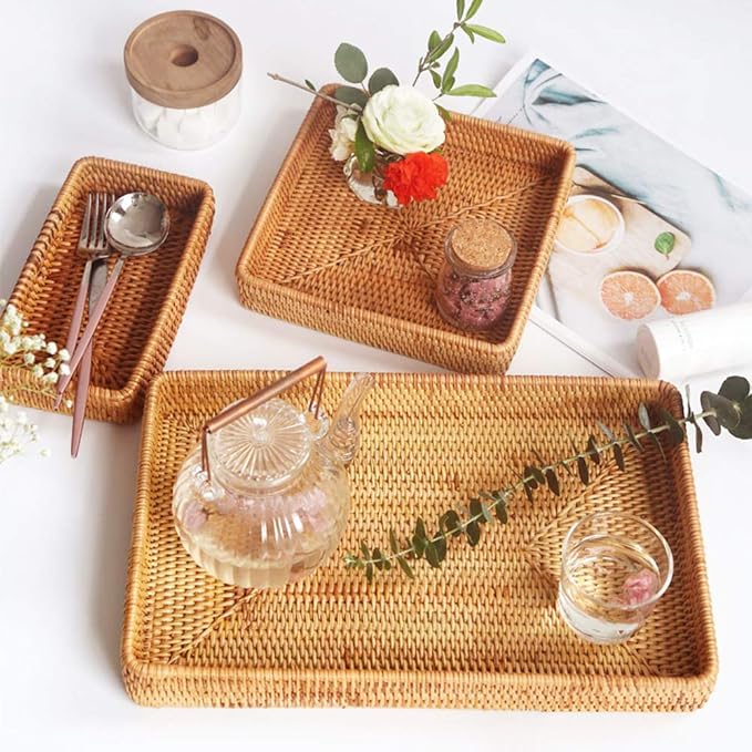 i-lan Set of 3 15" Rattan Woven Serving Tray Basket,Original Color Wicker Coffee Table Décor Serving Tray Country Style, Handmade Display Basket for Entryway Kitchen Bathroom Counter