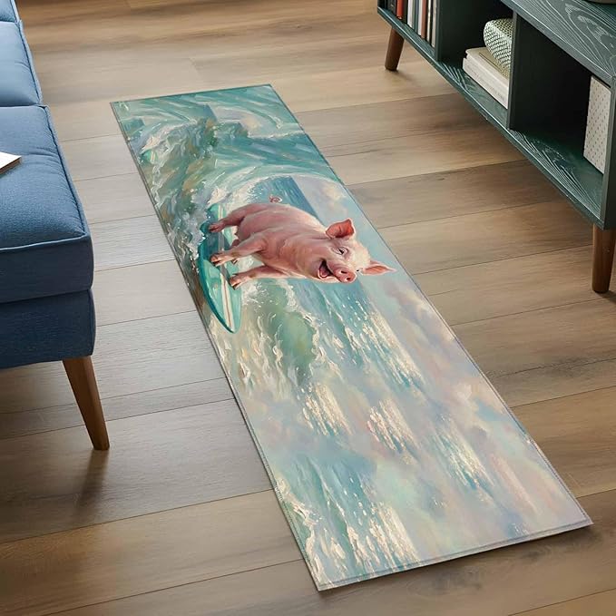Runner Rug for Bedroom Hallway, Surfing Farm Pink Pig Kitchen Runner Rugs Area Rug 2x6ft, Summer Blue Sea Wave Beach Washable Soft Floor Carpet for Entryway Stair