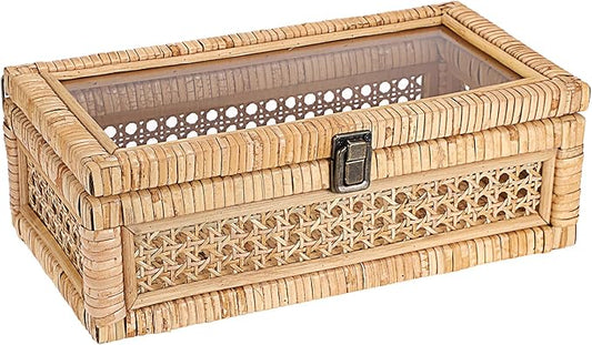 Hipiwe Rattan Decorative Box with Clear Lid and Lock - Natural Woven Wicker Basket Bin Rectangular Basket Organizer Vintage Wood and Cane Display Boxes for Shelves Home Storage and Decor
