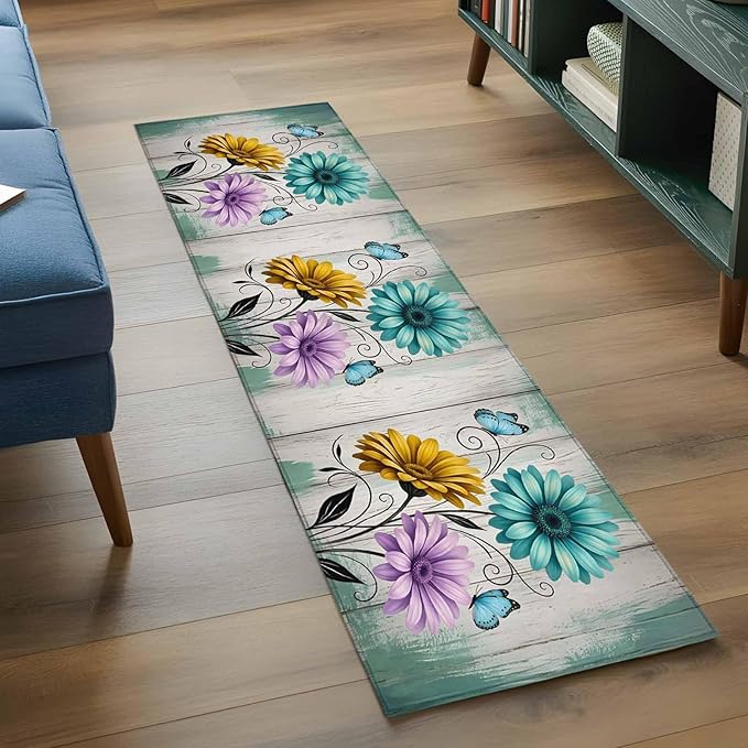 Runner Rug for Bedroom Hallway, Farm Flower Daisy Retro Wood Barn Kitchen Runner Rugs Area Rug 2x6ft, Blossom Flower Butterfly Washable Soft Floor Carpet for Entryway Stair