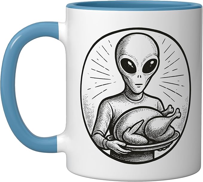 Alien with Thanksgiving Turkey Ceramic Mug, Blue/White