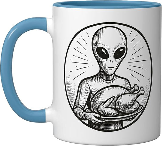 Alien with Thanksgiving Turkey Ceramic Mug, Blue/White
