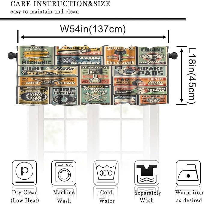 Cars Service Valance Curtain Garage Station, Automotive Diagnostic, Engine, Tire Fitting, Vehicle Repair Shop Curtains Valances for Kitchen Living Room Decor with Rod Pocket, One Panel 54X18 Inches
