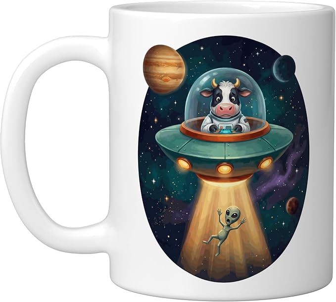 Fuuny Cow Astronaut UFO Abducting Alien Space Farm Ceramic Mug, White