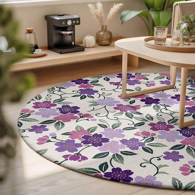 Washable Round Area Rug Watercolor Country Flowers Circle Rugs Floor Carpet for Living Room Bedroom, Plum Blossoms on Linen Soft Non Slip Round Rug 3ft