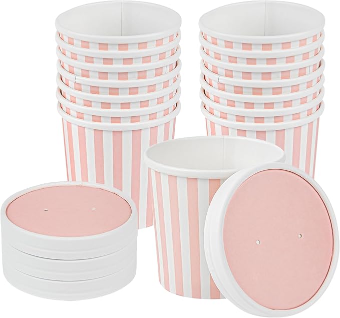 Restaurantware-LIDS ONLY: Soup Container Lids, 200 Disposable Bowl Covers For 12 Ounce Soup Containers - Containers Sold Separately, Vented, Pink And White Container Lid, Striped, Round,