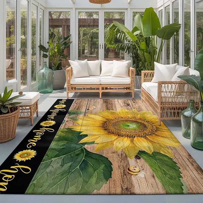 Area Rug 3x5ft, Summer Sunflowers Bees Washable Rugs for Living Room Bedroom, Farmhouse Wood Background Soft Non-Slip Area Rugs Rectangle Floor Carpet for Dining Room