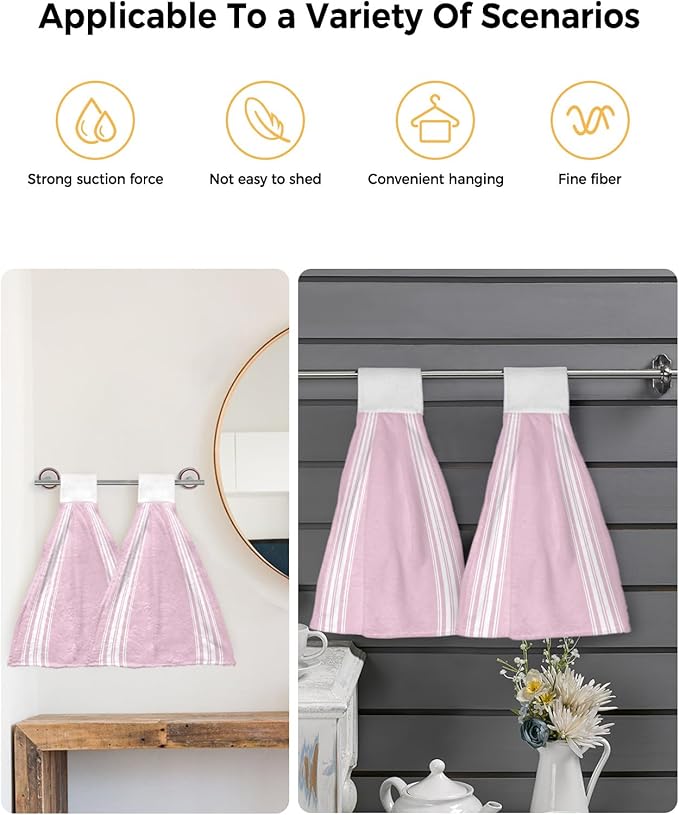 Alandar Home Kitchen Tie Towel Set of 2, Rustic Modern Minimalist Art Absorbent Soft Hand Towels for Bathroom Hanging Towels, White Stripe Line on Pink Fast Drying Cleaning Cloth with Loop