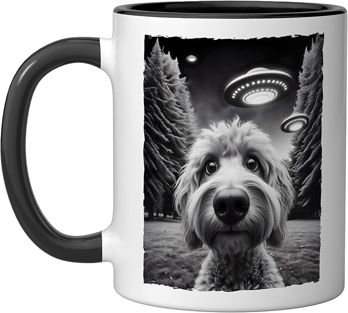 Funny Golden Doodle Selfie UFO Encounters for Dog Lovers Ceramic Mug, Black/White