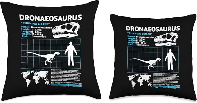 Dromaeosaurus Fact Sheet Skull Fossil, Dinosaur Facts Throw Pillow