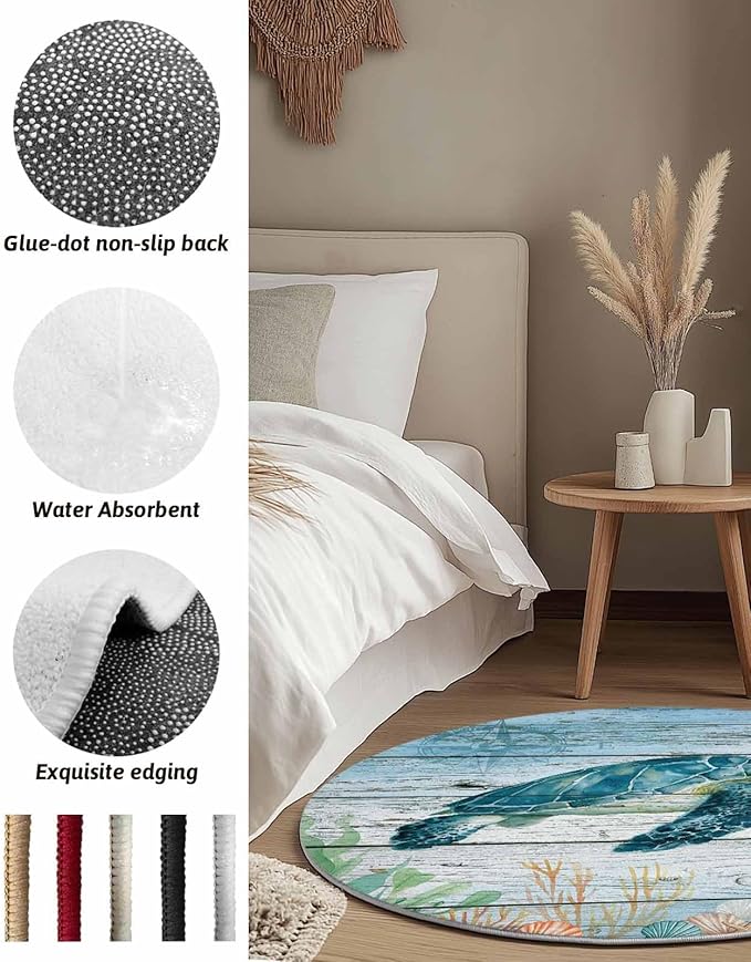 Round Area Rug,Sea Turtle Seagrass Starfish Circle Living Room Rug Non-Slip Rugs Indoor Carpet,Nautical Compass Blue Gradient Soft Comfort Rugs for Bedroom KidsRoom Nursery