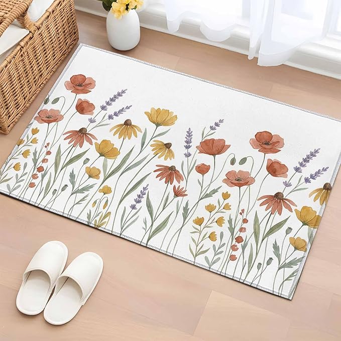 Area Rug 2x3ft, Watercolor Daisies Lavender Washable Rugs for Living Room Bedroom, Country Floral Art Soft Non-Slip Area Rugs Rectangle Floor Carpet for Dining Room