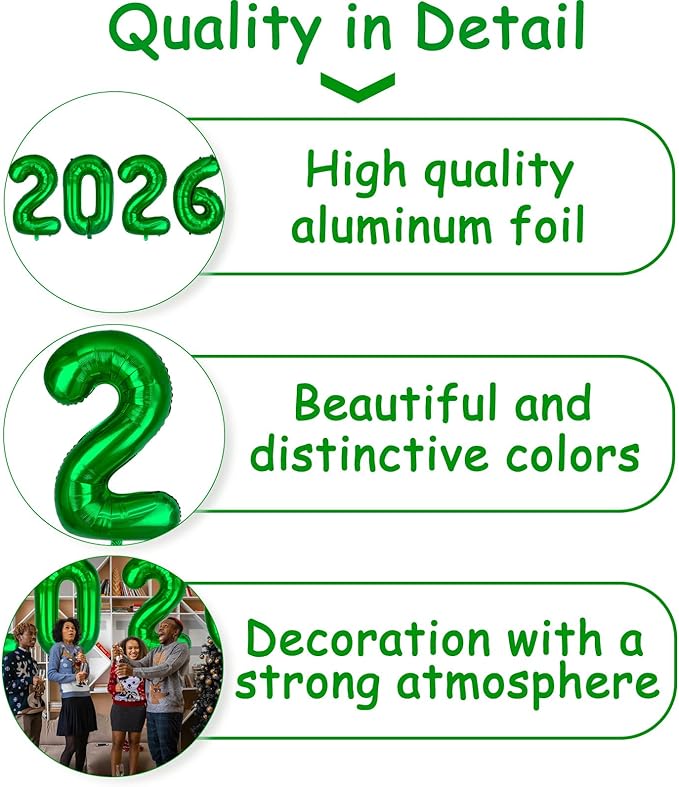 Huge Dark Green 2026 New Year Balloons 40 Inch 2026 Emerald Green Mylar Foil Helium Number Balloons 2026 Christmas New Year Eve Graduation Party Decorations Supplies