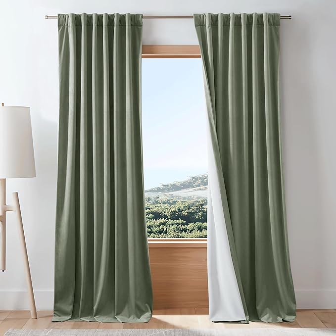 NICETOWN Cold Blocking Sage Green Velvet Curtain Long Drape for Bedroom, 1 Panel Living Room Office Luxury Bedroom Room Darkening Rod Pocket Velvet Room Divider Panel 84" Long, 48 inches Wide