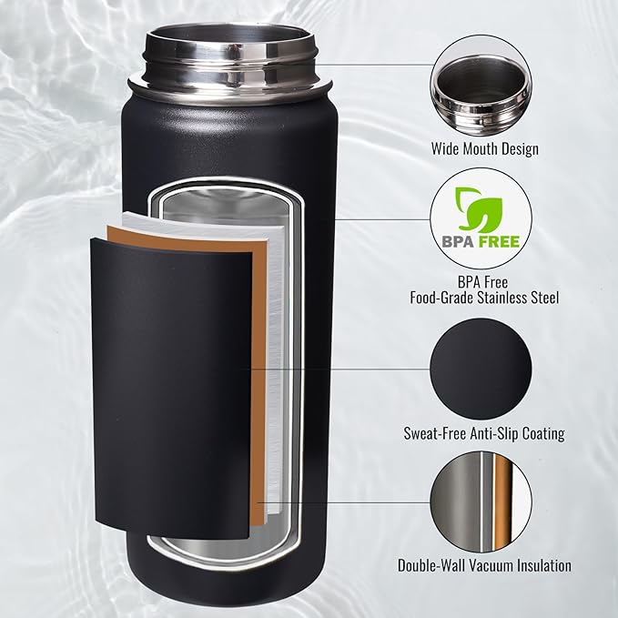 Fijinhom 18 oz Insulated Water Bottle with Handle, 304 Stainless Steel Water Bottles with Wide Mouth, Double Wall Vacuum Sports Water Bottle, BPA Free, Keep Cold and Hot, Black