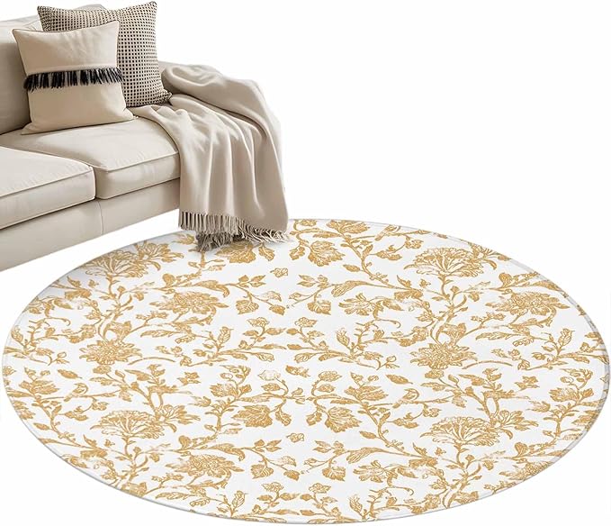 Washable Round Area Rug Vintage Farmhouse Flowers Pattern Circle Rugs Floor Carpet for Living Room Bedroom, Yellow Floral Art Soft Non Slip Round Rug 3ft