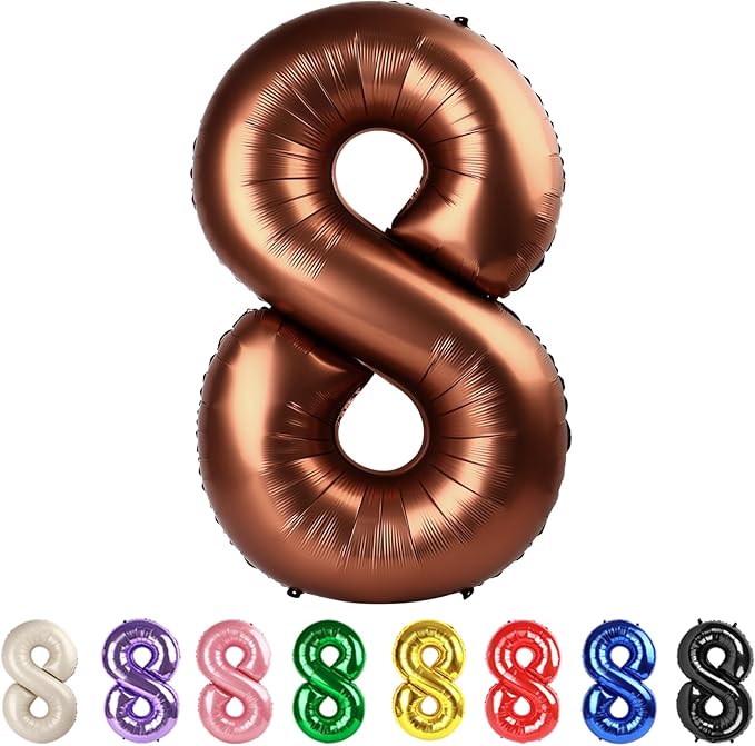 Number 8 Balloon, 40 Inch Giant Coffee Brown 8 18 28 80 Birthday Balloons for Women Girls Men Boys, 8th Birthday Decorations Party Supplies, Wedding Anniversary, Graduations