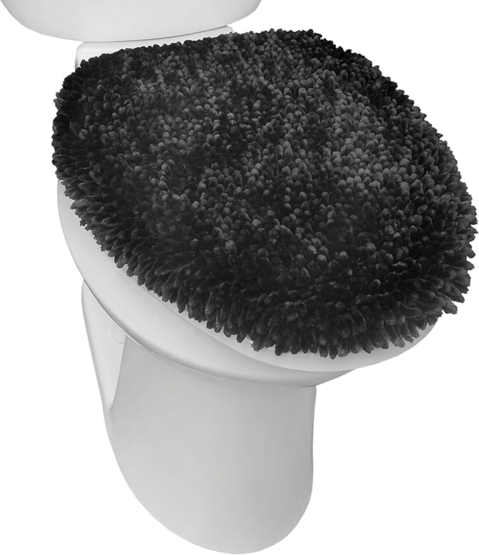 TOWN & COUNTRY BASICS Spa Step Noodle Solid Bathroom Toilet Lid Cover, Plush, Soft, and Absorbent, Machine Washable, Black, 18.5"x19.6"