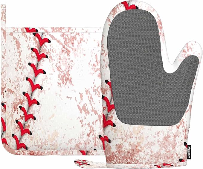 Mxocom Baseball Background Silicone Oven Mitts and Pot Holders Sets BBQ Gloves for Kitchen,Cooking,Baking,Grilling