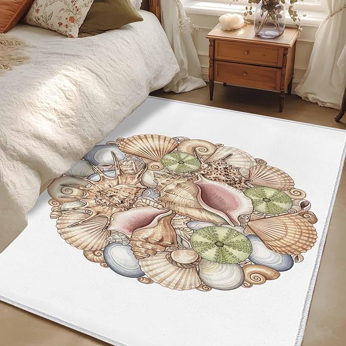 Area Rug 4x6ft, Coastal Colorful Shell Conch Washable Rugs for Living Room Bedroom, Modern Abstract Art Soft Non-Slip Area Rugs Rectangle Floor Carpet for Dining Room
