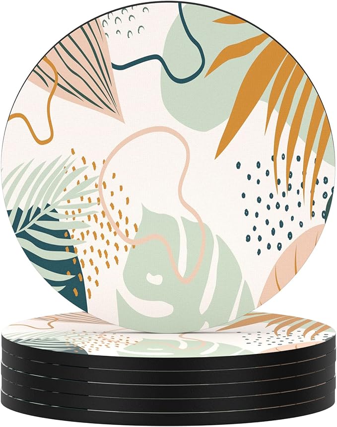 Nipichsha Coasters for Drinks, Set of 6 Cute Absorbent Rubber Drink Coasters for Cup with Non Slip Backing, Kitchen Home Decor Housewarming Gift, Round 4 in, Boho Leaf
