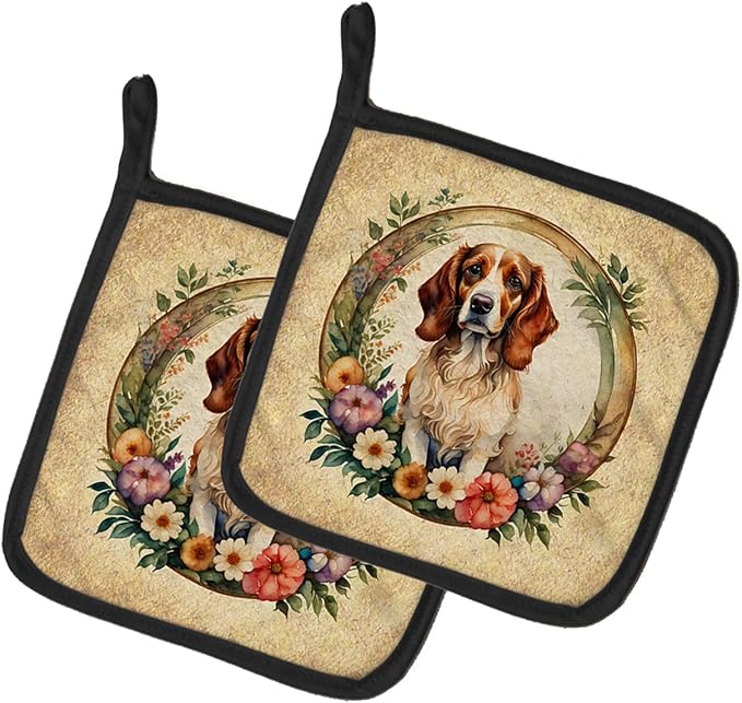Caroline's Treasures Brittany Spaniel and Flowers Pair of Pot Holders Kitchen Heat Resistant Pot Holders Sets Oven Hot Pads for Cooking Baking BBQ, 7 1/2 x 7 1/2