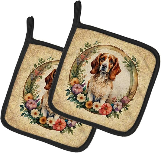 Caroline's Treasures Brittany Spaniel and Flowers Pair of Pot Holders Kitchen Heat Resistant Pot Holders Sets Oven Hot Pads for Cooking Baking BBQ, 7 1/2 x 7 1/2