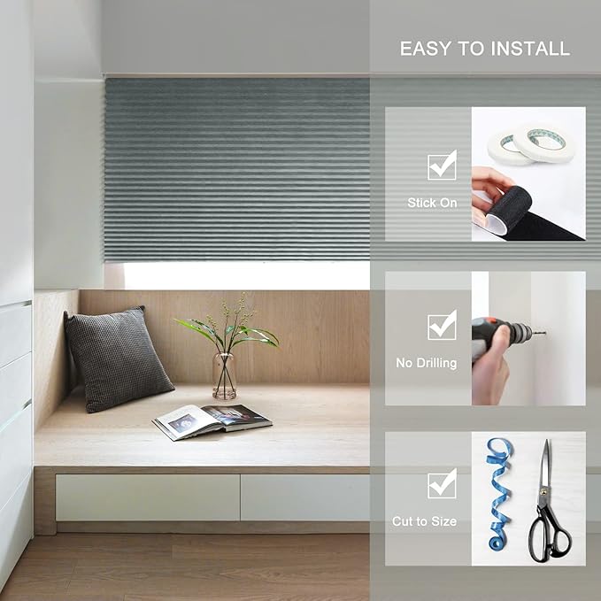 MALOKI Pleated Window Blinds,Temporary Blackout Shades Cordless No Drill Paper Shades for Window Door Stick on No Screw Room Darkening Blinds for Bedroom Bathroom Kitchen