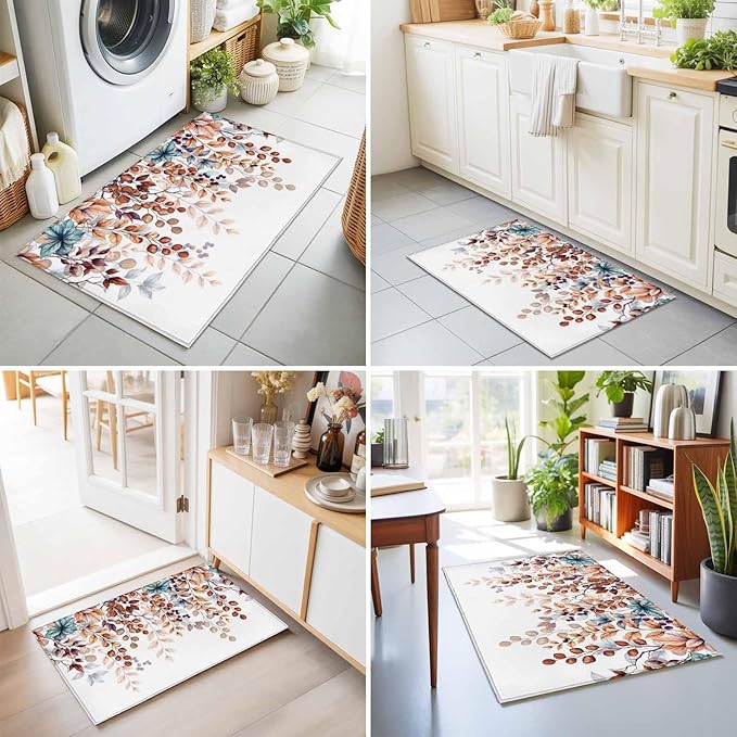 Area Rug 2x3ft, Fall Orange Watercolor Eucalyptus Leaves Washable Rugs for Living Room Bedroom, Fallen Leaf on White Soft Non-Slip Area Rugs Rectangle Floor Carpet for Dining Room