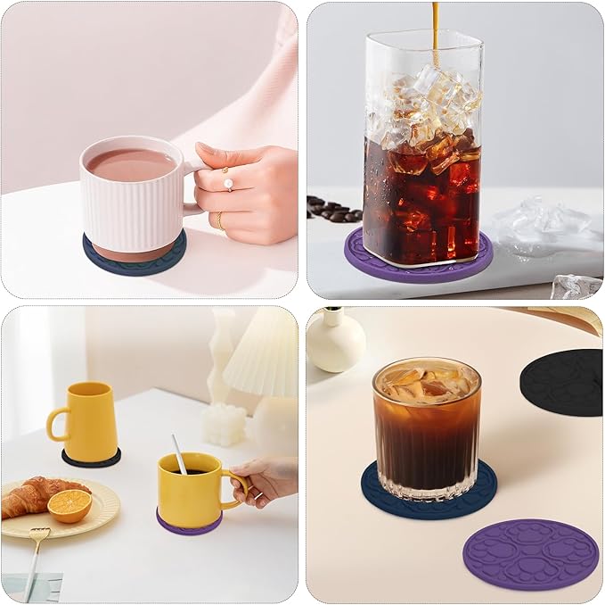 4 Inch Round Silicone Coasters Set of 6 (Black, Blue, Purple), Non-Slip Drink Coaster Set for Coffee Tables & Desks, Heat-Resistant Table Protection Mats for Home, Kitchen, Living Room, Office