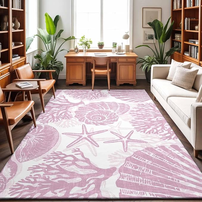 Area Rug 3x5ft, Watercolor Summer Marine Creature Washable Rugs for Living Room Bedroom, Pink Starfish Shell Conch Soft Non-Slip Area Rugs Rectangle Floor Carpet for Dining Room