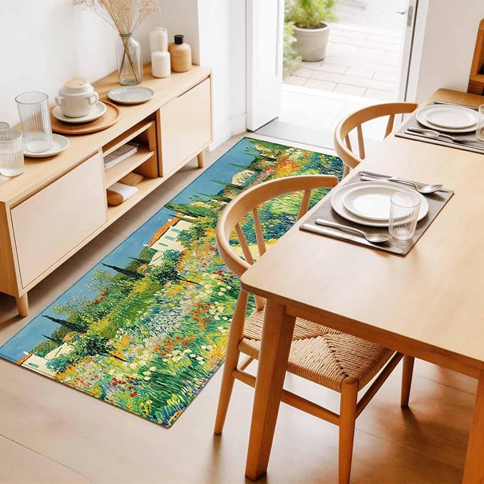 Runner Rug for Bedroom Hallway, Pastoral Floral Pink Yellow Flower Green Leaves Kitchen Runner Rugs Area Rug 2x6ft, Farm Plants Washable Soft Floor Carpet for Entryway Stair