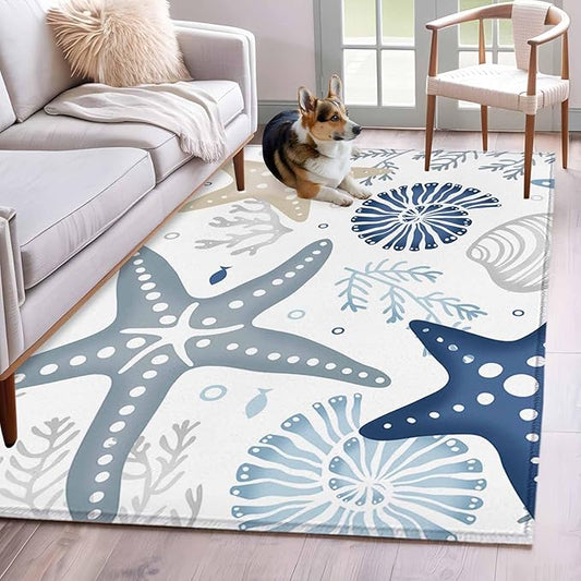 Area Rug 4x6ft, Ocean Starfish Shell Conch Washable Rugs for Living Room Bedroom, Sea Blue Coral Seamless Soft Non-Slip Area Rugs Rectangle Floor Carpet for Dining Room