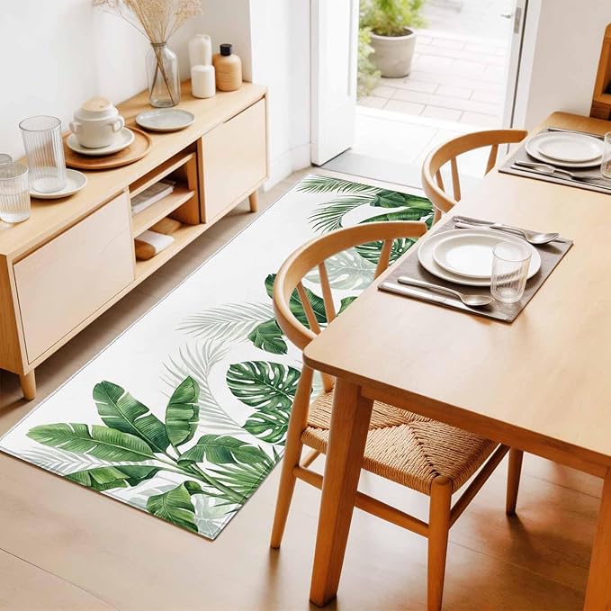 Runner Rug for Bedroom Hallway, Watercolor Green Tropical Leaves Kitchen Runner Rugs Area Rug 2x6ft, Botanical Palm Leaf Plants Washable Soft Floor Carpet for Entryway Stair
