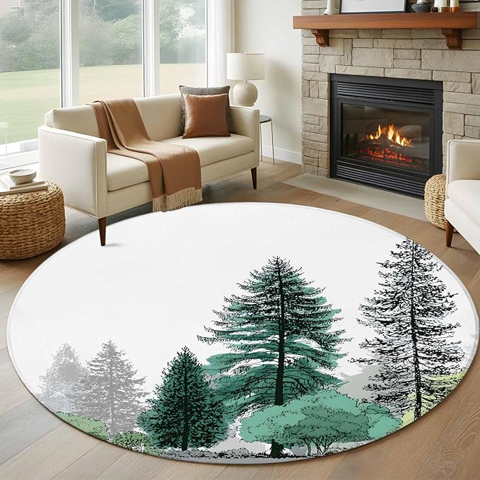 Washable Round Area Rug Minimalist Pine Tree Circle Rugs Floor Carpet for Living Room Bedroom, Farmhouse Watercolor Plants Soft Non Slip Round Rug 5ft