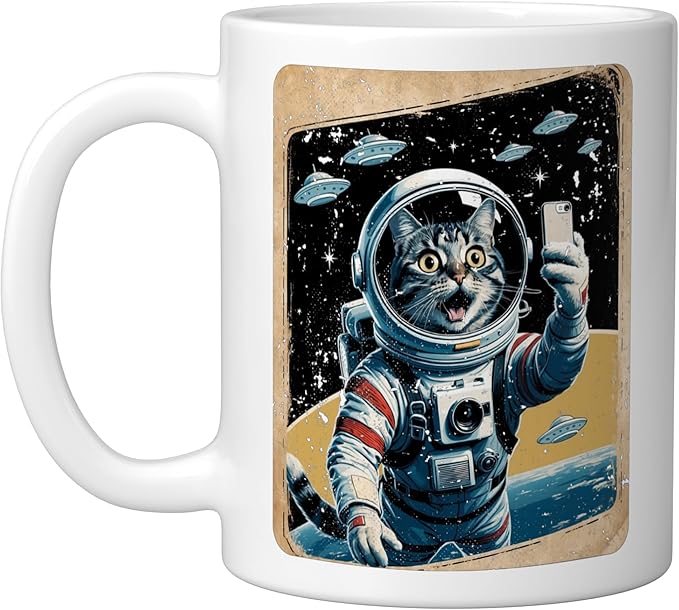 Space Cat Astronaut UFO Funny Sci-fi Alien Selfie Ceramic Mug, White