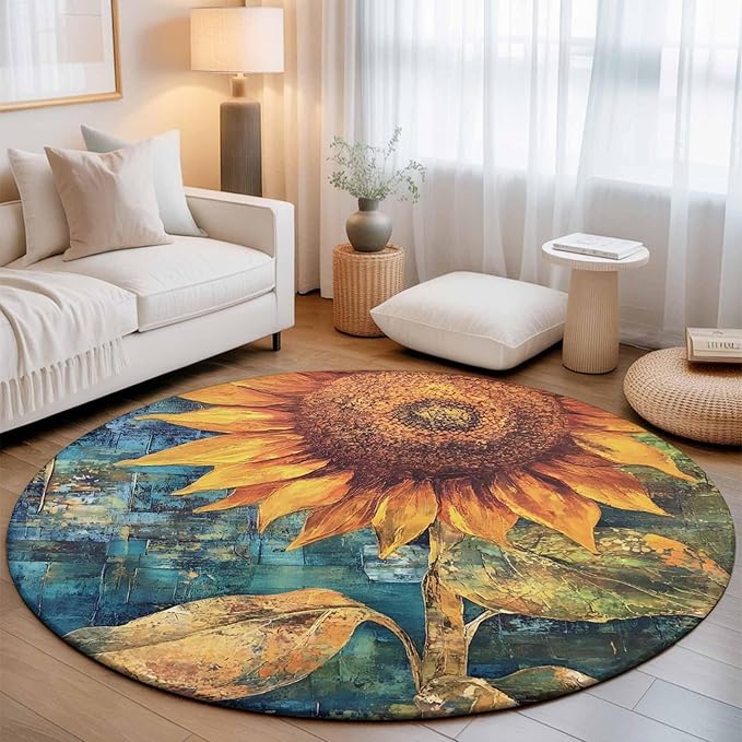 Washable Round Area Rug Rustic Golden Sunflower on Teal Blue Circle Rugs Floor Carpet for Living Room Bedroom, Abstract Floral Soft Non Slip Round Rug 5ft