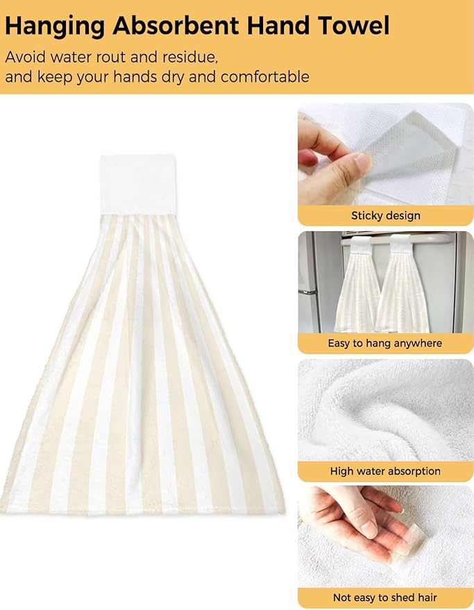 Alandar Home Kitchen Tie Towel Set of 2, Minimalist Abstract Stripe Art Absorbent Soft Hand Towels for Bathroom Hanging Towels, Modern Cream and White Line Fast Drying Cleaning Cloth with Loop