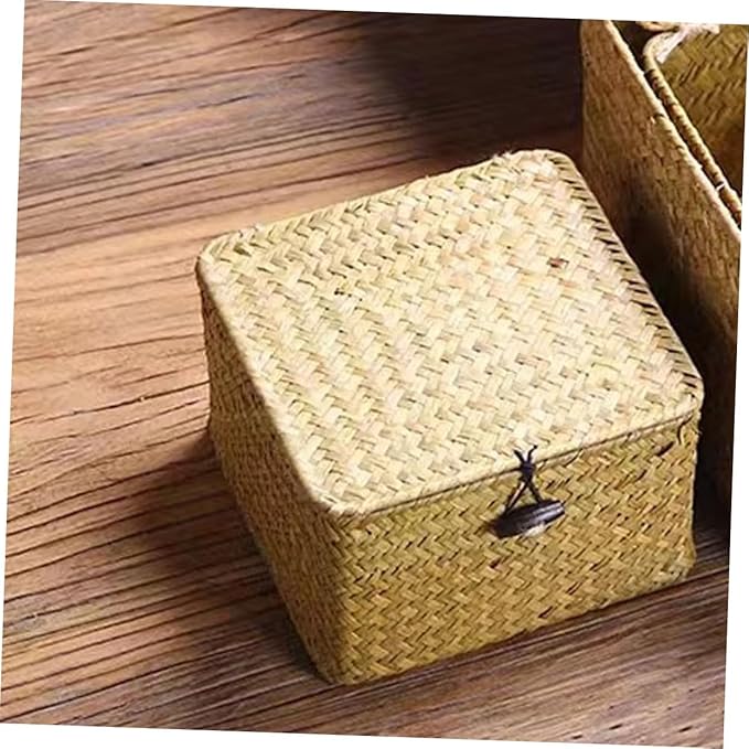 IMIKEYA 1Pc Natural Woven Storage Box with Lid Multi Functional present Holding Basket for Home Decor for Organizing Bedroom Stylish