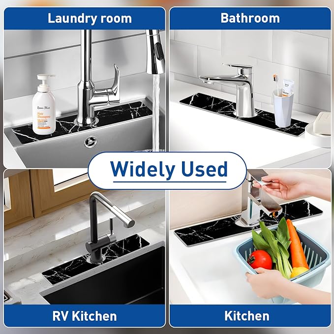 Kitchen Sink Splash Guard - Kitchen Faucet Mat, Diatomaceous Earth Kitchen Sink, Faucet Handle Drip Catcher, Bathroom Sink Faucet Mat for Countertop (15.75 * 3.93 in, Black)