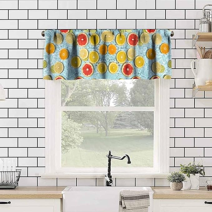 Fruit Curtain Valance, Yellow Lemon Orange Summer Decor Short Window Treatment for Kitchen Dining Resturant Bedroom Living Room Cafe Home Decoration, 54x18Inch